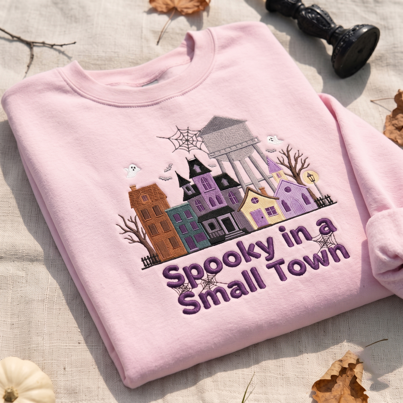Embroidered Spooky Small Town Sweatshirt, Haunted Village Halloween Crewneck, Ghost House Fall Sweater, Cozy Autumn Gift for Women