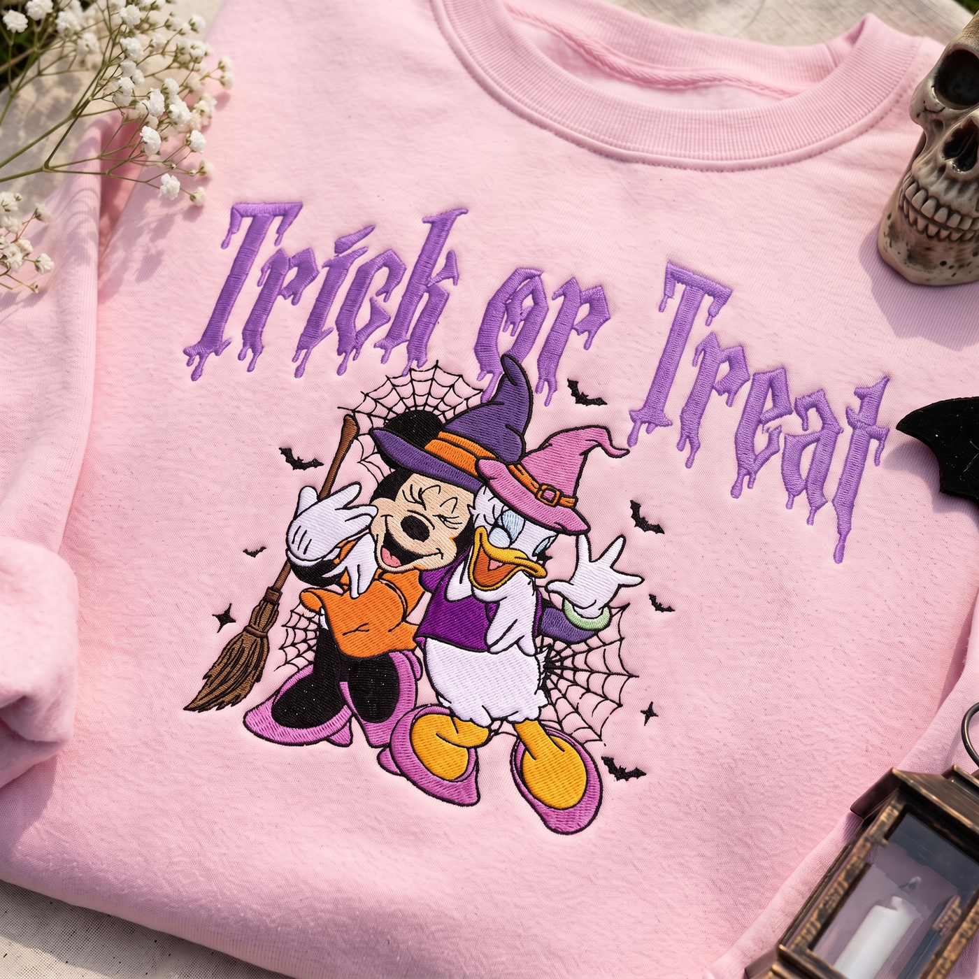 Embroidered Cartoon Witch Best Friends Sweatshirt, Trick or Treat Halloween Crewneck, Spooky Duo Sweater, Cute Fall Gift for Women