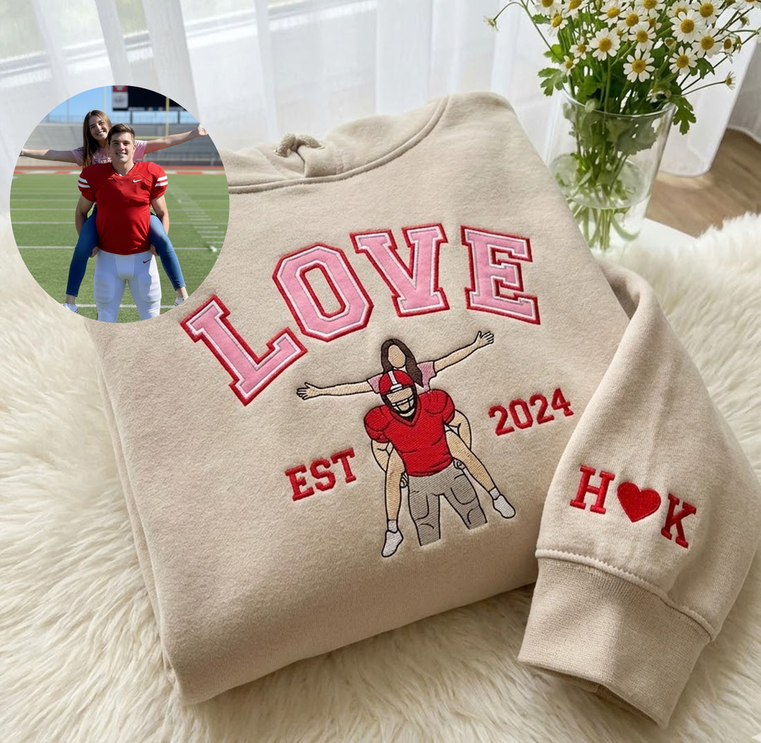 Custom Couple Portrait Embroidered Sweatshirt, Custom Text Embroidered Sweatshirt, 1 St Anniversary Love Sweatshirt, Boy Friend Valentine Gift