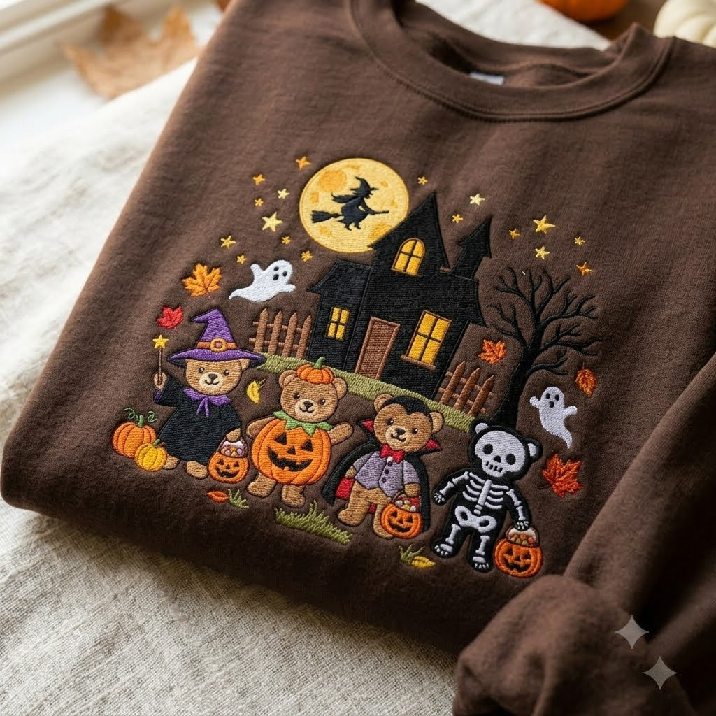 Embroidered Teddy Bears Halloween Sweatshirt, Vintage 90s Trick or Treat Crewneck, Haunted House Shirt, Pumpkin Lover Gift