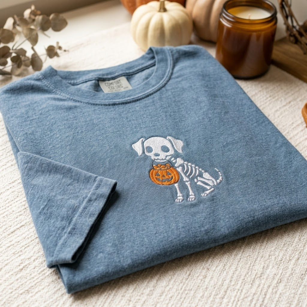 Comfort Color Embroidered Skeleton Dog Tee, Spooky Season Halloween Shirt, Cozy Fall Tee, Puppy Lover Gift, Boo Basket Gifts
