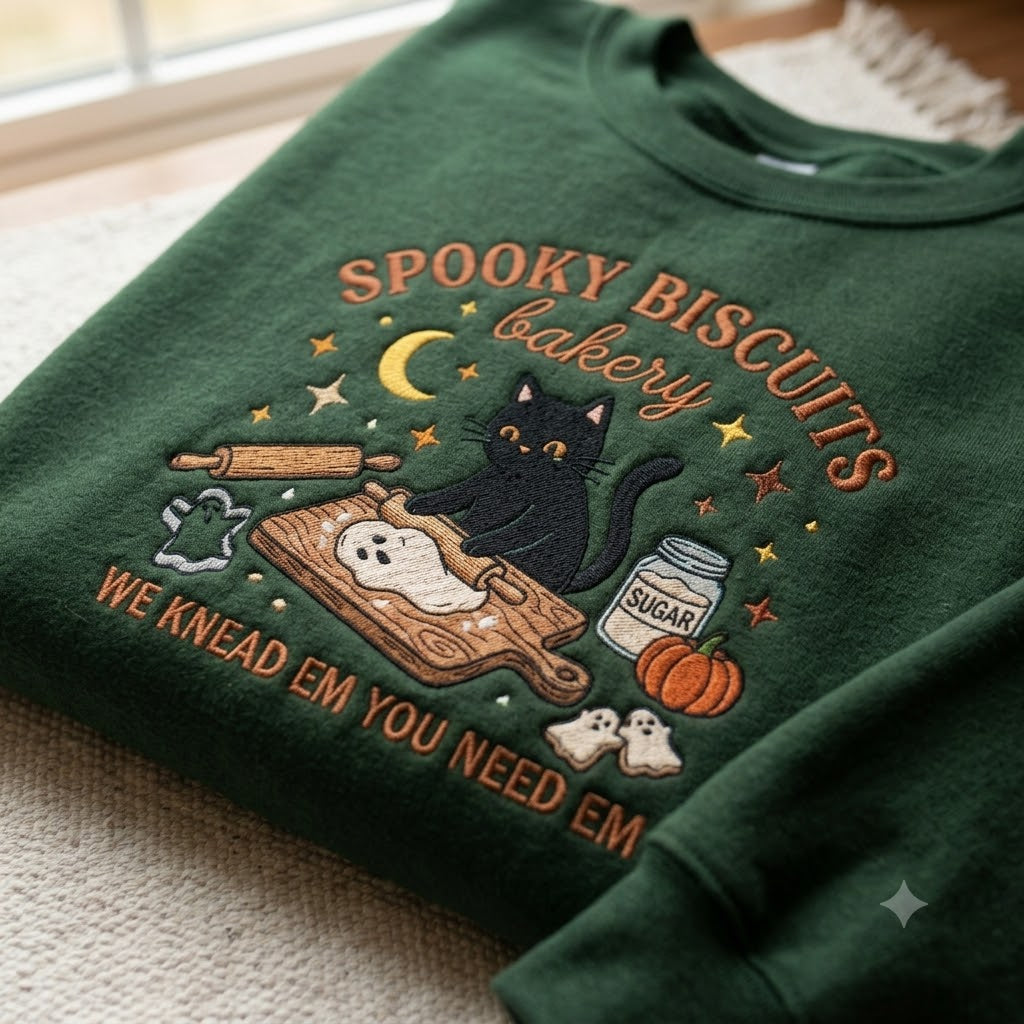 Embroidered Kitty Biscuits Sweatshirt, Spooky Season Crewneck, Black Cat Halloween Shirt, Baking Pumpkin Tee, Cat Lover Gift