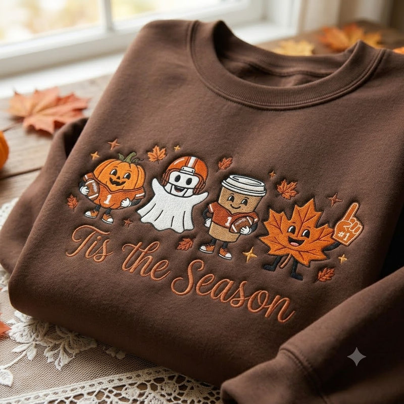 Embroidered Pumpkin Spice Latte Sweatshirt, Fall Doodle Character Crewneck, Autumn Leaves Shirt, Cozy Thanksgiving Gift, Tis The Season Tee