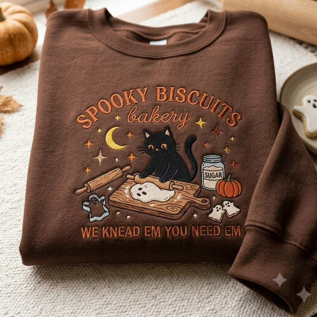 Embroidered Kitty Biscuits Sweatshirt, Spooky Season Crewneck, Black Cat Halloween Shirt, Baking Pumpkin Tee, Cat Lover Gift