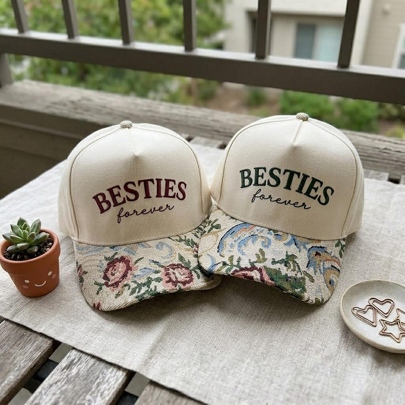 Embroidered Besties Forever Floral Brim Hat, Matching Best Friend Cottagecore Hat, Custom BFF Est Year Cap, Mom Daughter Tapestry Brim Hat