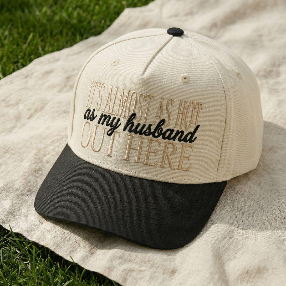 Funny Husband Embroidered Baseball 5-Panels Cap, It's Almost as Hot as My Husband Out Here Two Tone Summer Hat