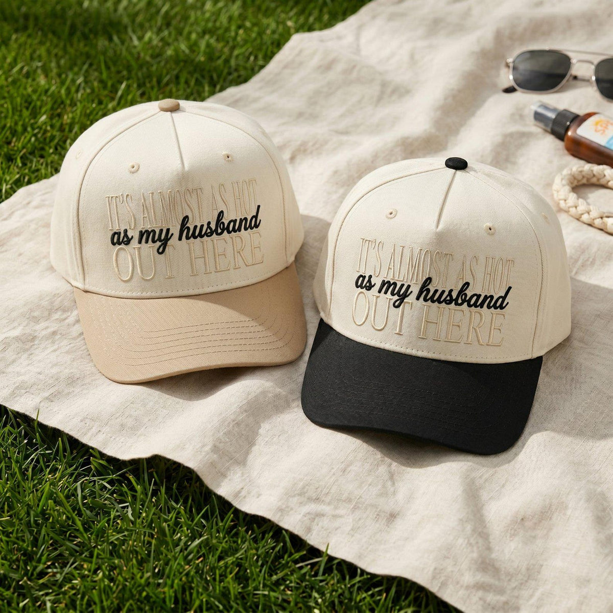 Funny Husband Embroidered Baseball 5-Panels Cap, It's Almost as Hot as My Husband Out Here Two Tone Summer Hat