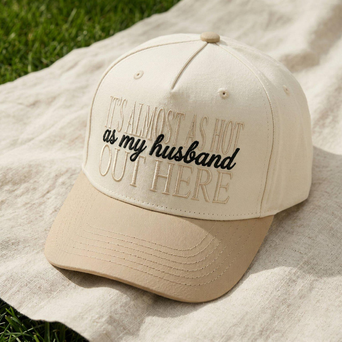 Funny Husband Embroidered Baseball 5-Panels Cap, It's Almost as Hot as My Husband Out Here Two Tone Summer Hat