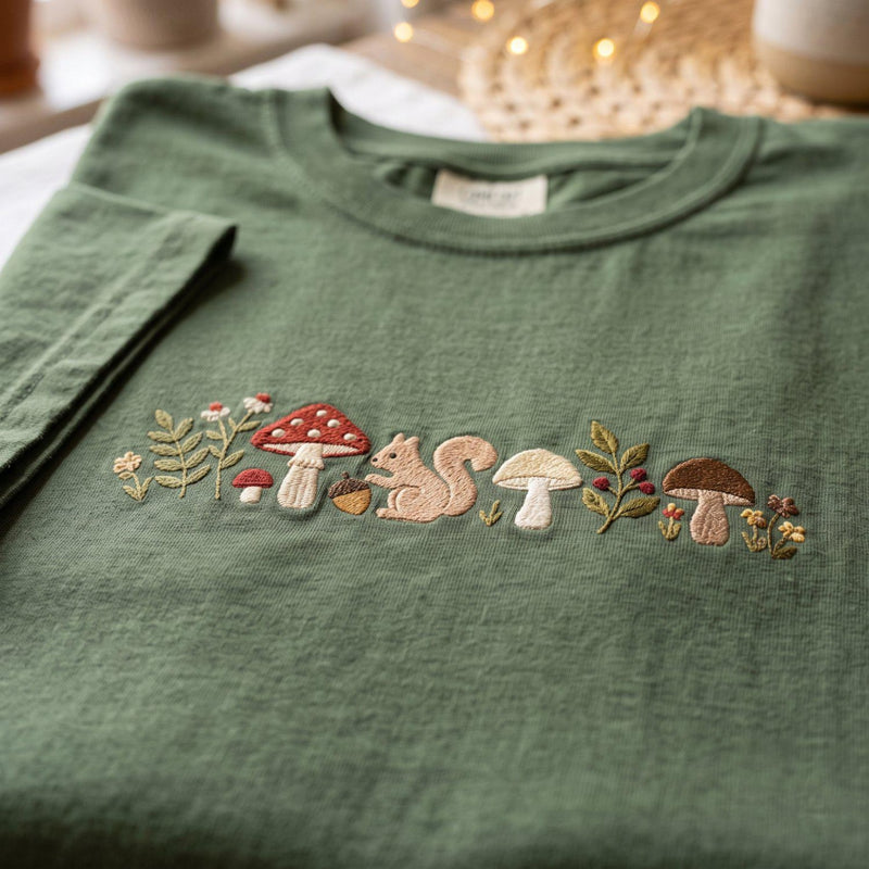 Embroidered Mushroom Shirt, Floral Tee, Botanical Flower Shirt, Cottagecore Gardener Shirt, Plant Lover Gift
