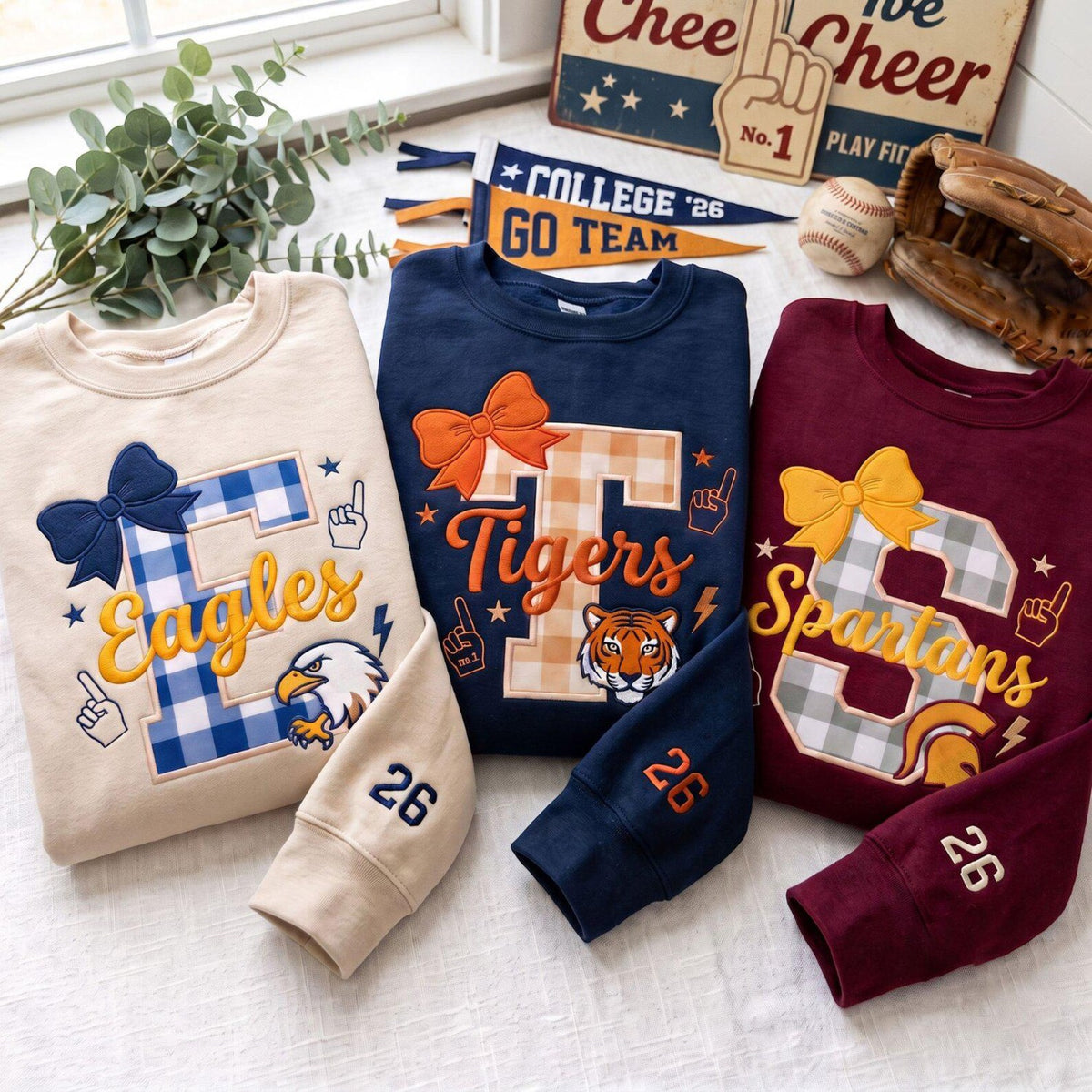 Embroidered Custom Mascot Sweatshirt, Personalized Game Day Outfit, School Spirit Applique Shirt, Varsity Team Merch, Cheerleader Gift