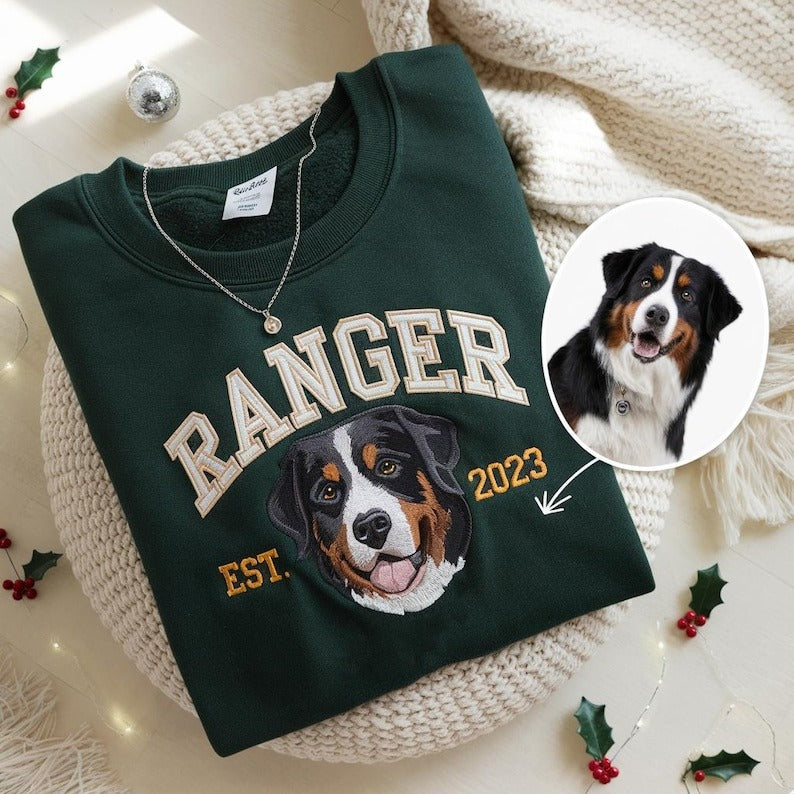 Custom Pet Portrait Embroidered Shirt, Custom Pet Embroidered Sweatshirt, Personalized Pet Face With Name Embroidered Shirt, Gift For Pet Lover