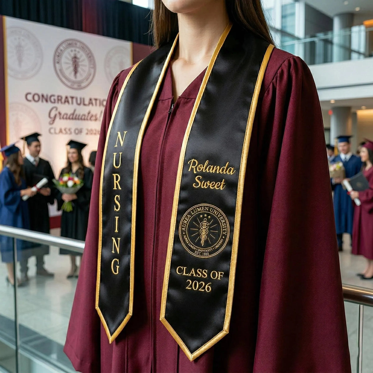 Custom Embroidered University Graduation Stole, Personalized Class of 2026 Grad Sash, Custom Design Stole, custom stole embroidered