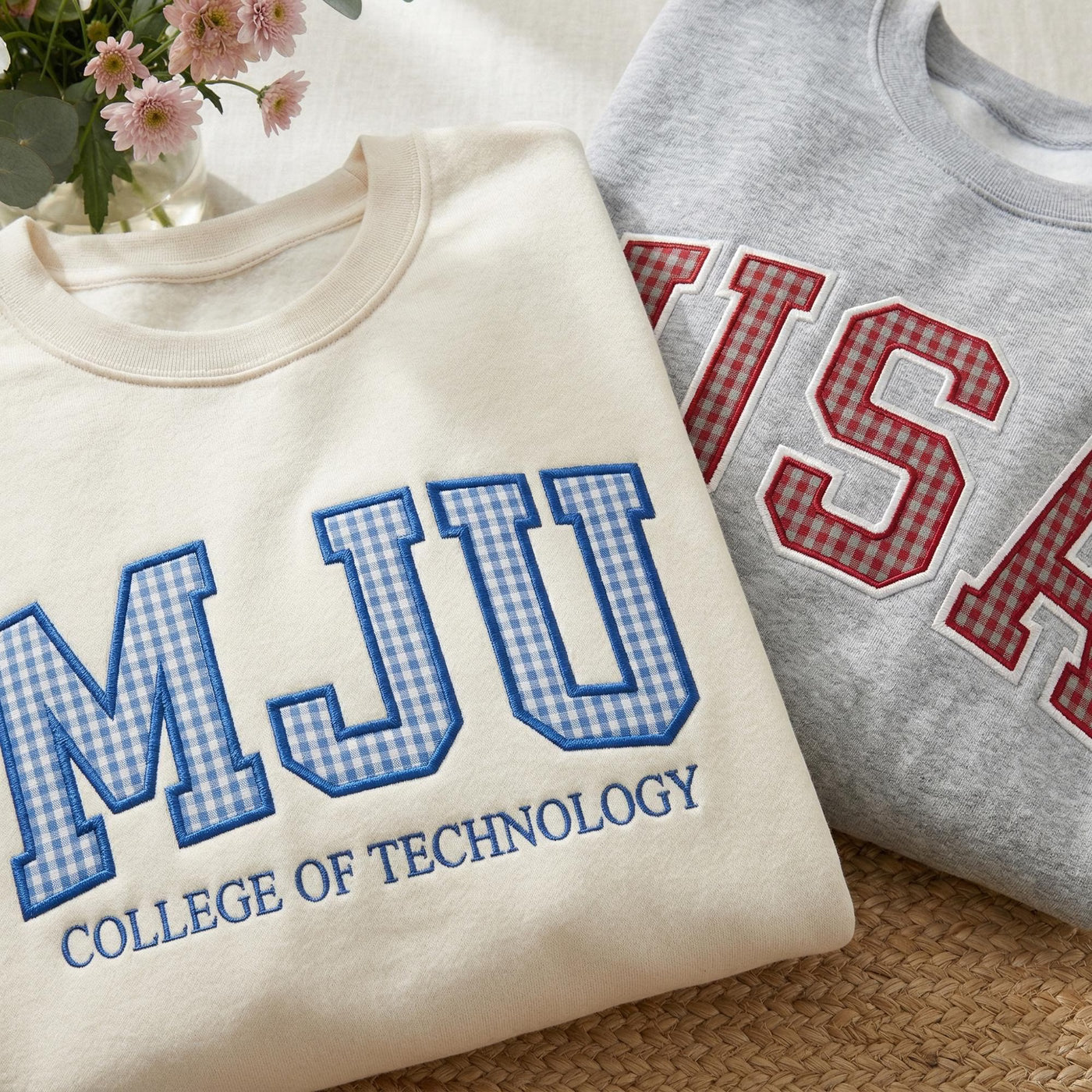 Embroidered Custom Mascot Sweatshirt, Gingham Applique College Shirt, Custom School Spirit Crewneck, Game Day Gift, Back To School Gift