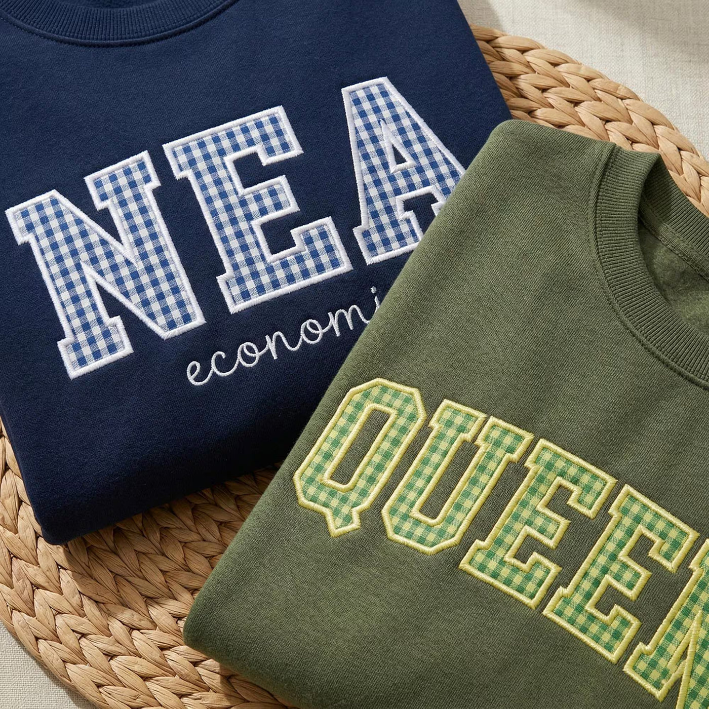 Embroidered Custom Mascot Sweatshirt, Gingham Applique College Shirt, Custom School Spirit Crewneck, Game Day Gift, Back To School Gift