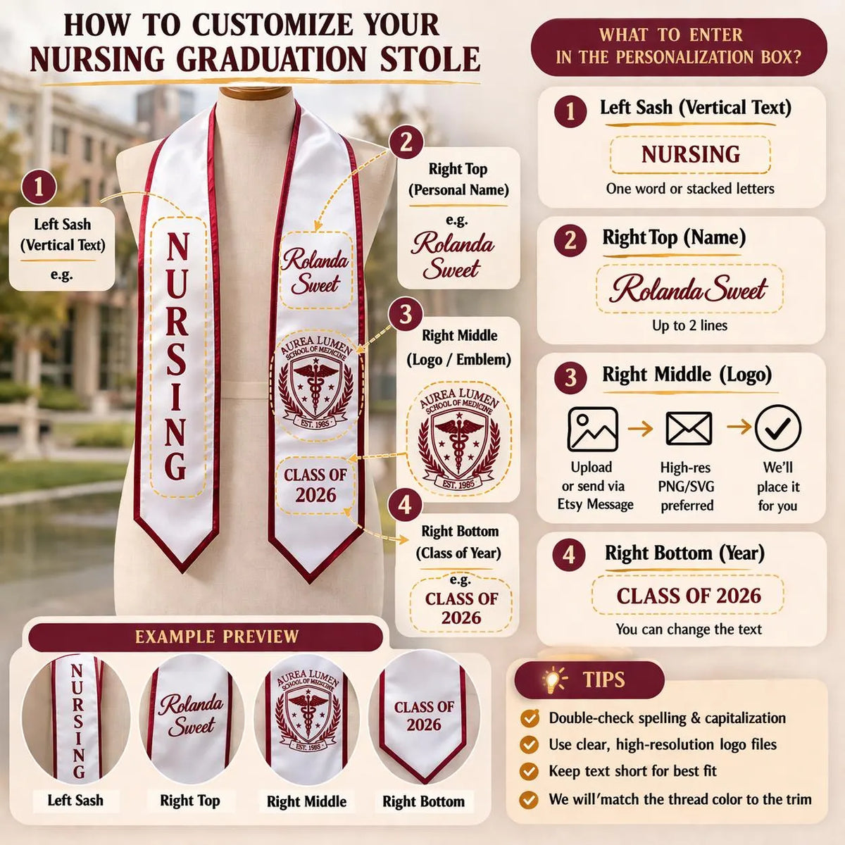 Custom Embroidered University Graduation Stole, Personalized Class of 2026 Grad Sash, Custom Design Stole, custom stole embroidered