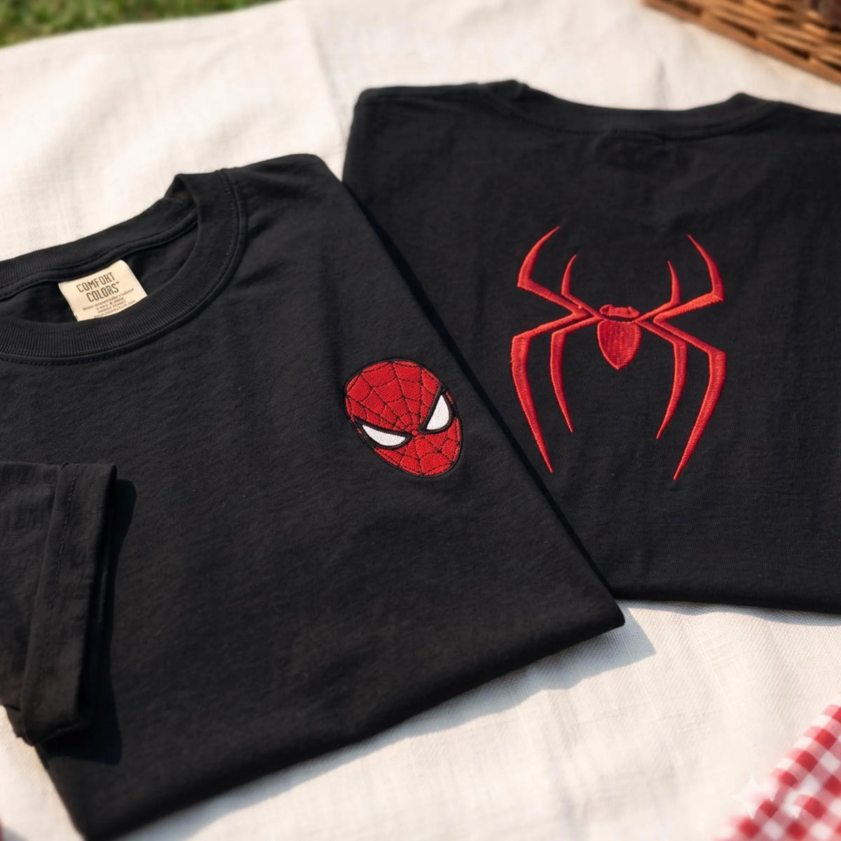 Friendly Superhero Boy Embroidered Comfort Color TShirt, Spider Embroidery Tee, Unisex Superhero Shirt