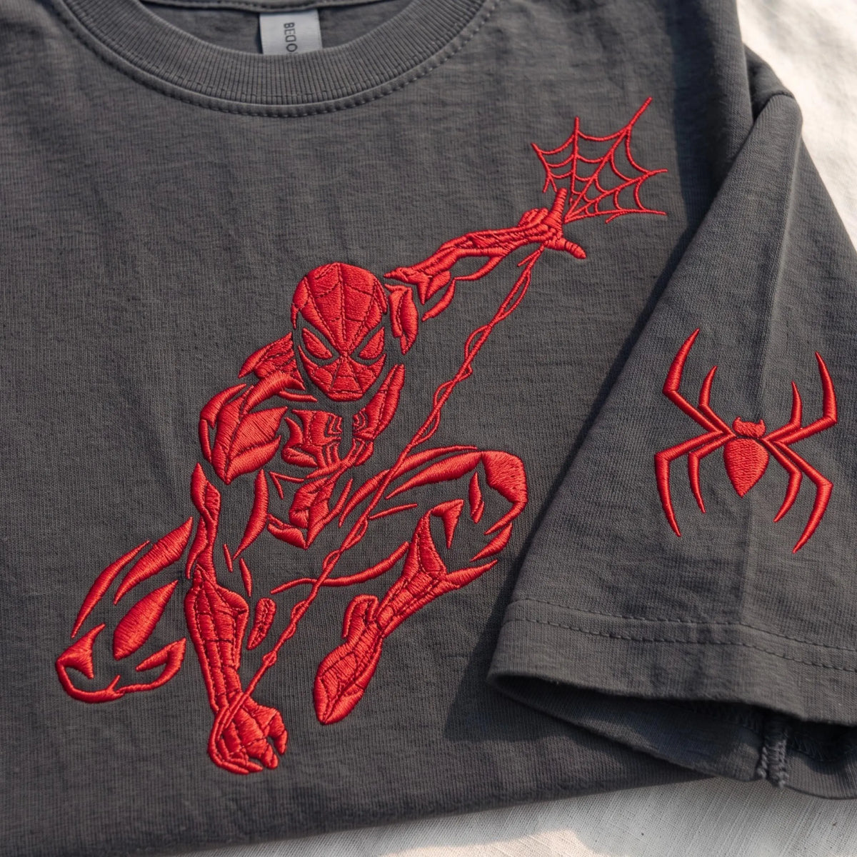 Embroidered Spider Hero Comfort Color TShirt, Red Web Hero Tee, Black Comic Inspired Shirt With Sleeve Spider Design, Gift for Comic Fan