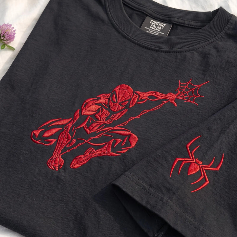 Embroidered Spider Hero Comfort Color TShirt, Red Web Hero Tee, Black Comic Inspired Shirt With Sleeve Spider Design, Gift for Comic Fan