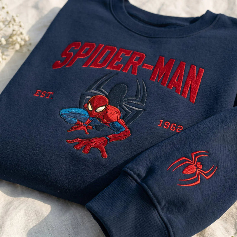 Web Hero Embroidered Sweatshirt, Red Blue Superhero Crewneck, Spider Logo Sleeve, Comic Inspired Gift for Him