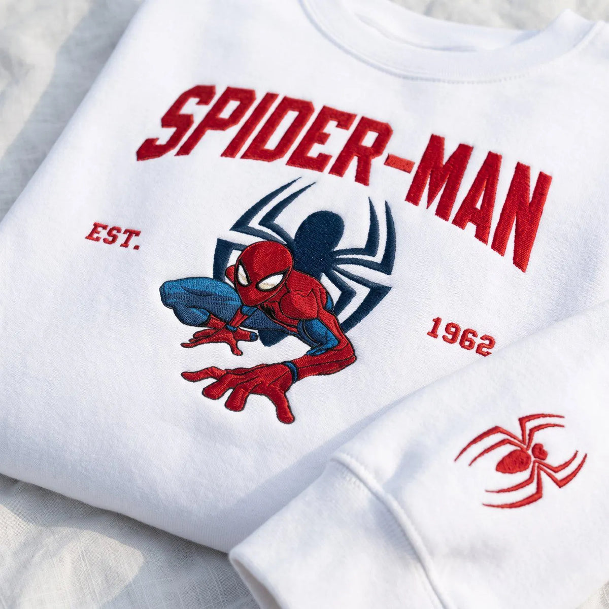 Web Hero Embroidered Sweatshirt, Red Blue Superhero Crewneck, Spider Logo Sleeve, Comic Inspired Gift for Him