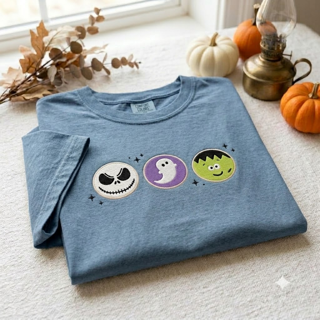 Comfort Color Embroidered Halloween Cookie Shirt, Pumpkin Ghost Shirt, Black Cat Tee, Halloween Gift