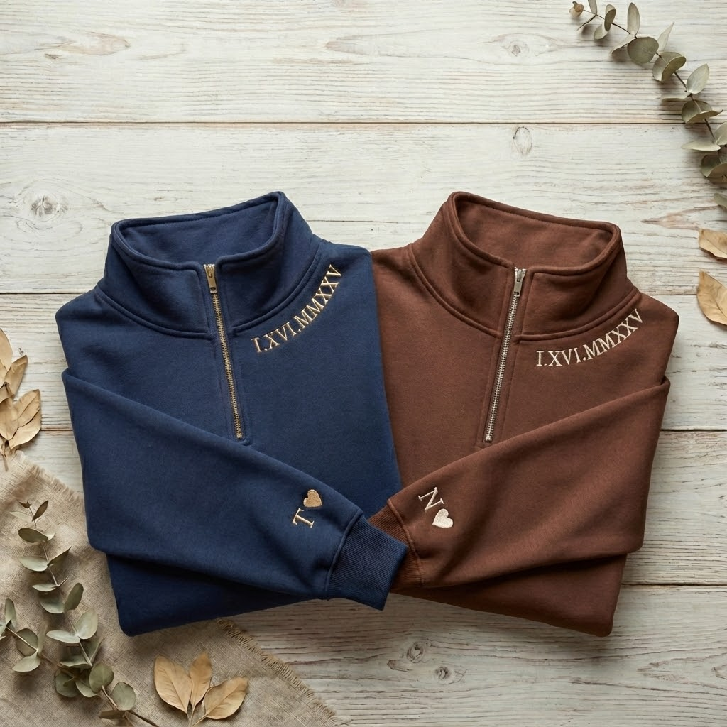 Custom Roman Numeral Zip 1/4, Couple Quarter Zip Initial On Sleeve, Anniversary Year, Personalized Date Shirt, Valentine's Day Sweatshirt