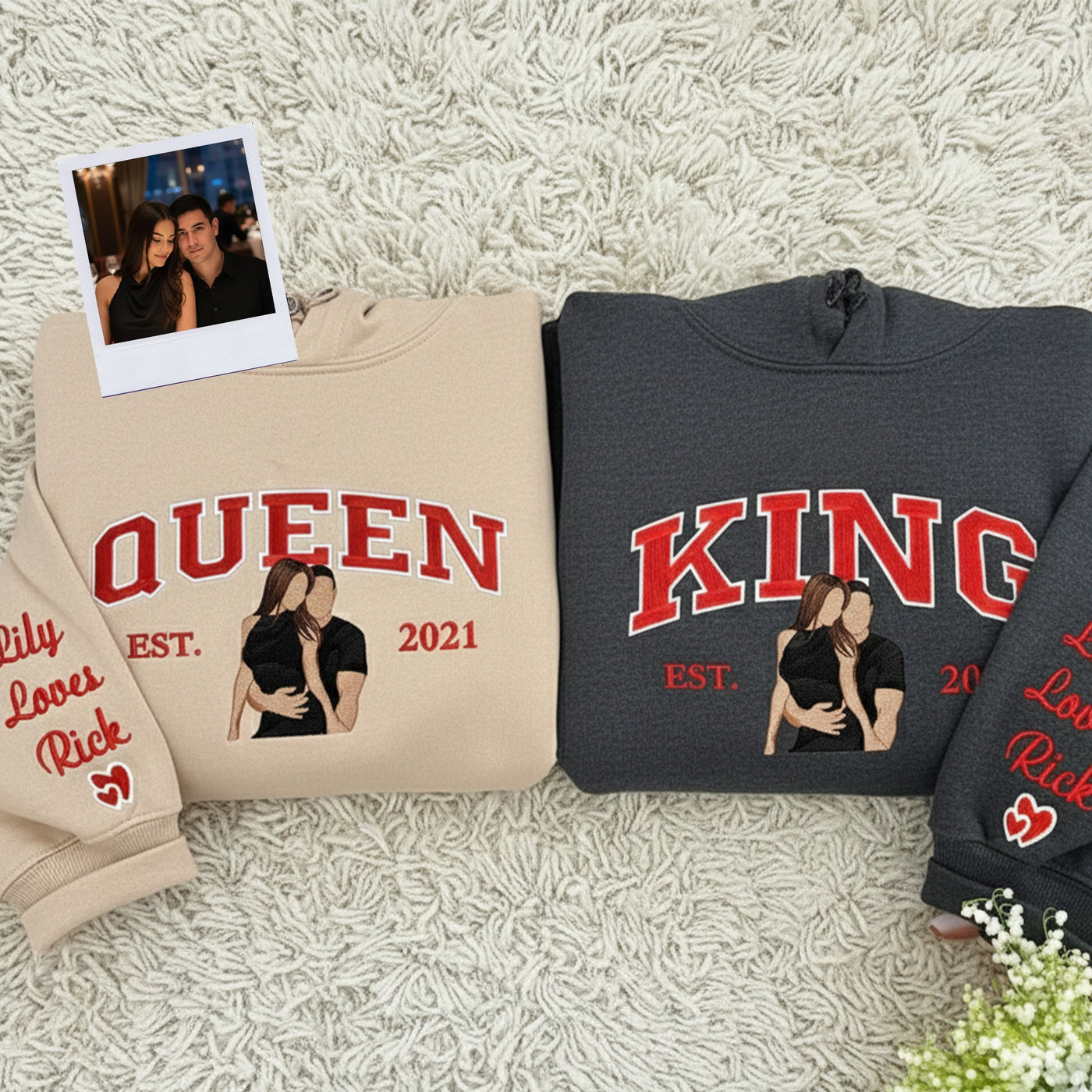 Custom Couple Portrait Sweatshirt, Custom King and Queen Embroidered Couple Hoodies, Engagement Gift, Valentine Gift For Her/Him