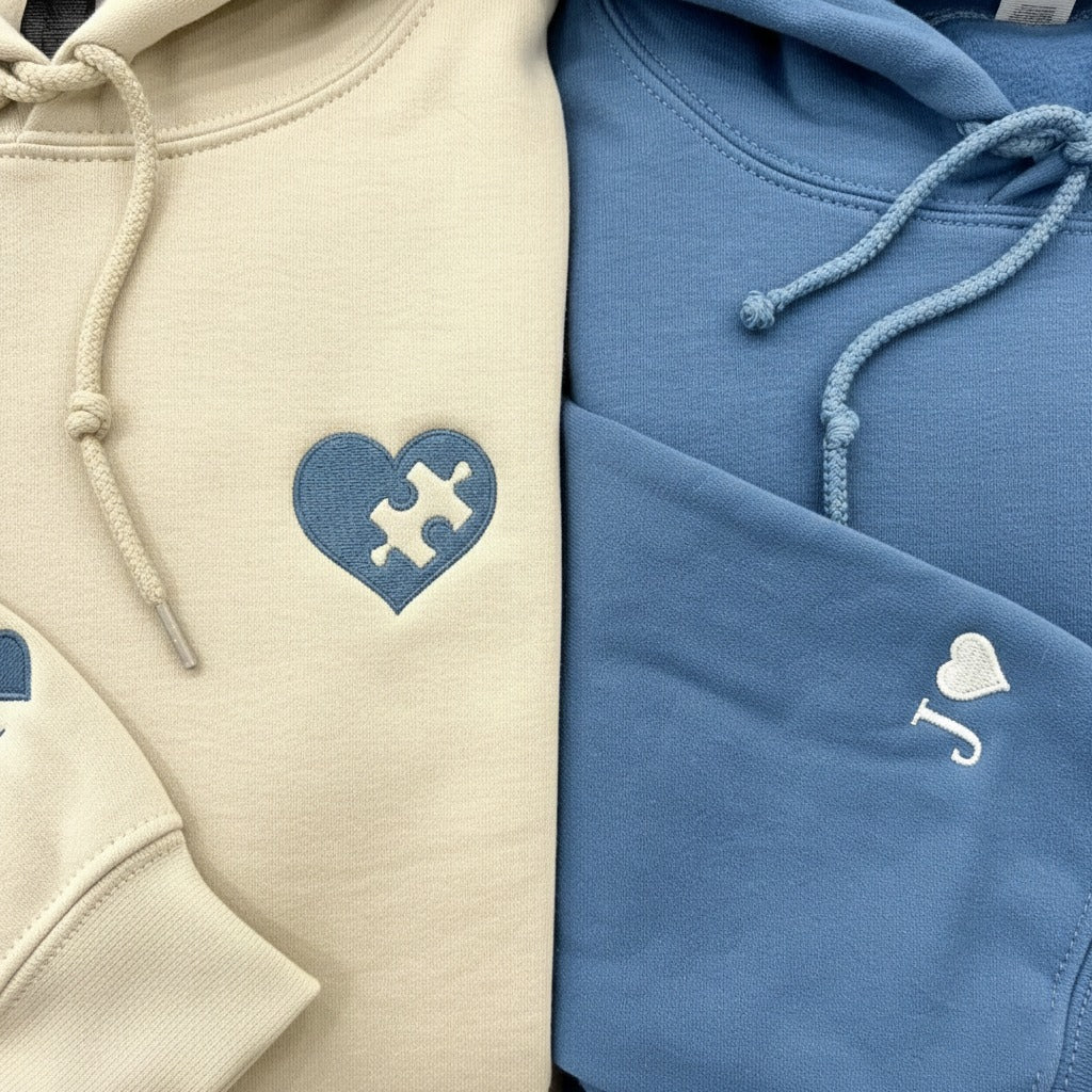 Custom Embroidered Sweatshirt, Heart and Puzzle Piece Couples Hoodie, Initial With Heart On Sleeve, Anniversary Gift, Valentines Day Gift