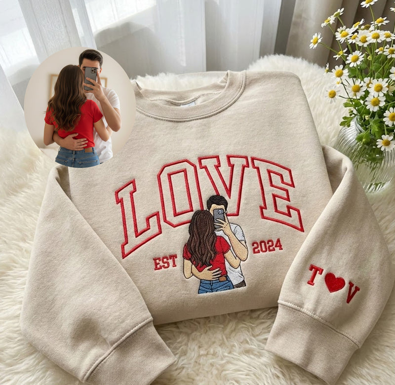 Custom Couple Portrait Embroidered Sweatshirt, Custom Text Embroidered Sweatshirt, Anniversary Love Sweatshirt, Valentine Gift
