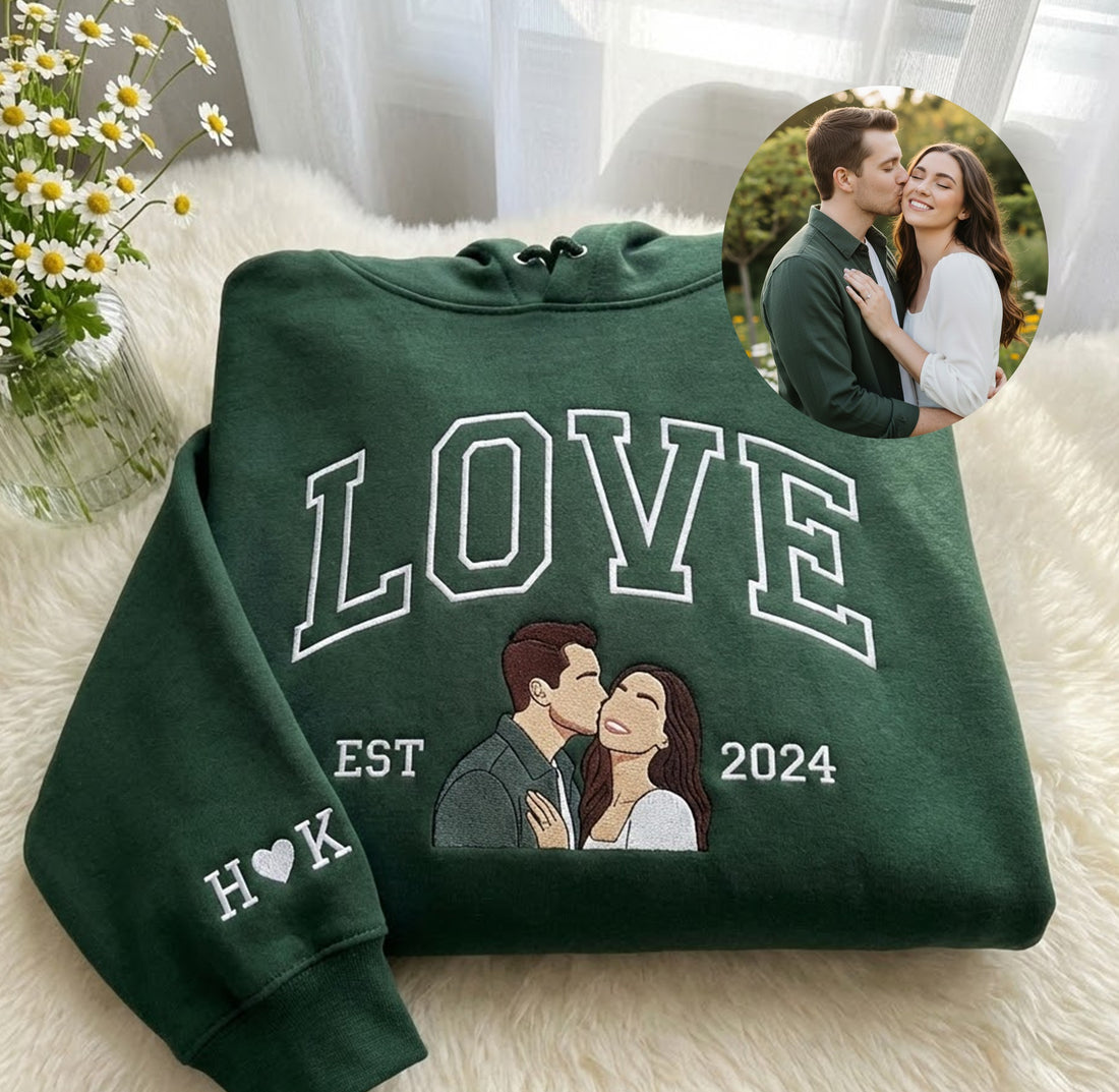 Custom Portrait Embroidered Sweatshirt, Custom Text Embroidered Sweatshirt, 1 St Anniversary Love Sweatshirt, Couple Valentine Gift