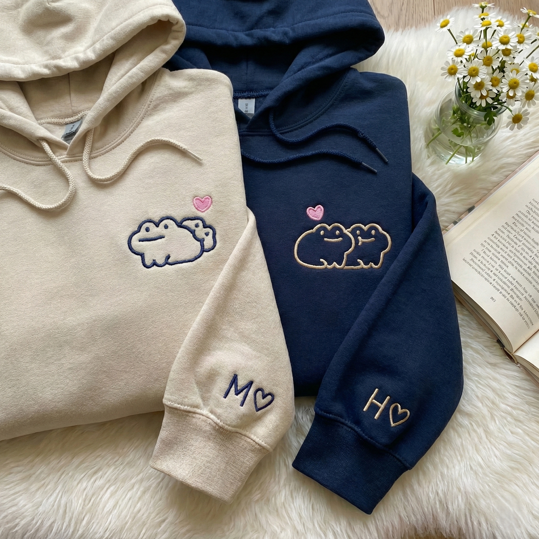 Custom Frog Couple Embroidered Hoodie with Roman Date & Initials - Matching Hoodies For Couple - 1st Anniversary Gift for Couples