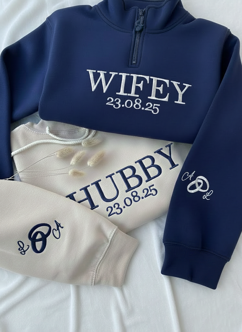 Embroidered Wifey and Hubby Quarter Zip Sweatshirt, Valentine Custom Name Shirt, Matching Mr Mrs Jumper, Wedding Anniversary Gift