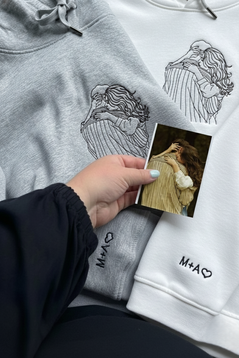 Custom Embroidered Couple Portrait Hoodie: Personalized Photo Sweatshirt, Matching Hoodies, Valentine Gift