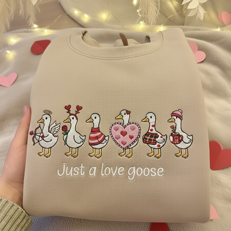 Funny Goose Valentine Embroidered Sweatshirt, Just a Love Goose Pullover, Romantic Goose Shirt, Anniversary Gift