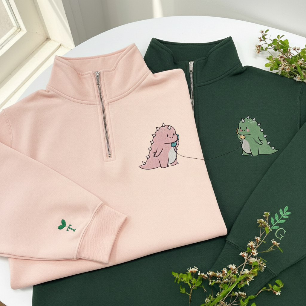 Custom Couple Dinosaur Embroidered Sweatshirt, Kawaii Dino Love Valentine Sweater, Matching Couple Sweatshirts, Anniversary Gift