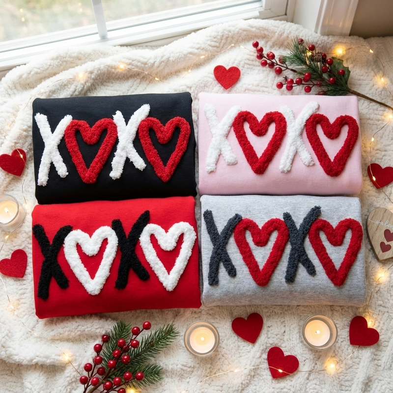 Custom XOXO Crewneck, Custom Chenille Yarn Embroidery Sweatshirt, Valentine Chenille Heart, Valentine Gift