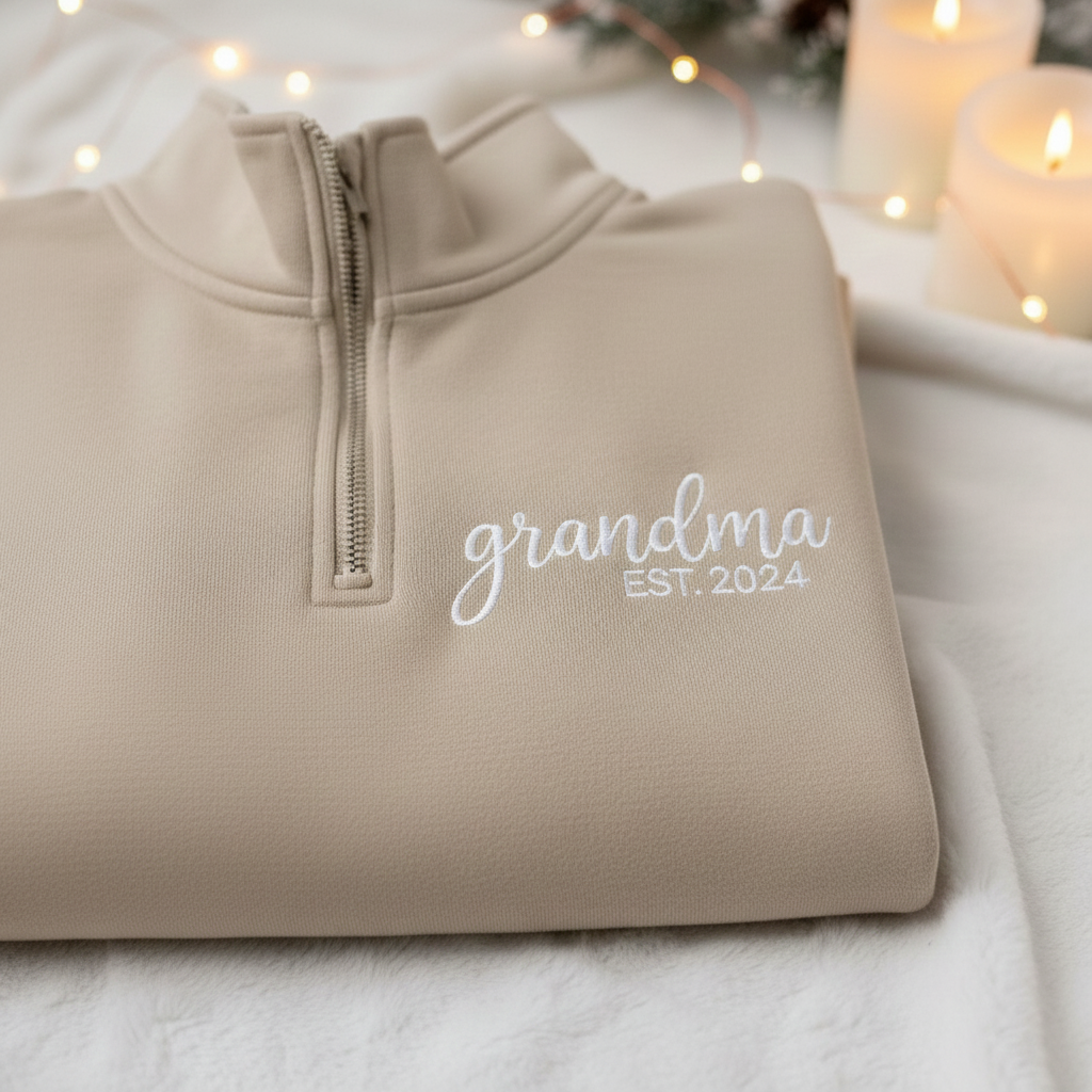 Embroidered Custom Grandma Quarter Zip Sweatshirt: New Grandma Shirts, Personalized Family Shit With Kid’s Name On Sleeve, Birthday Gift