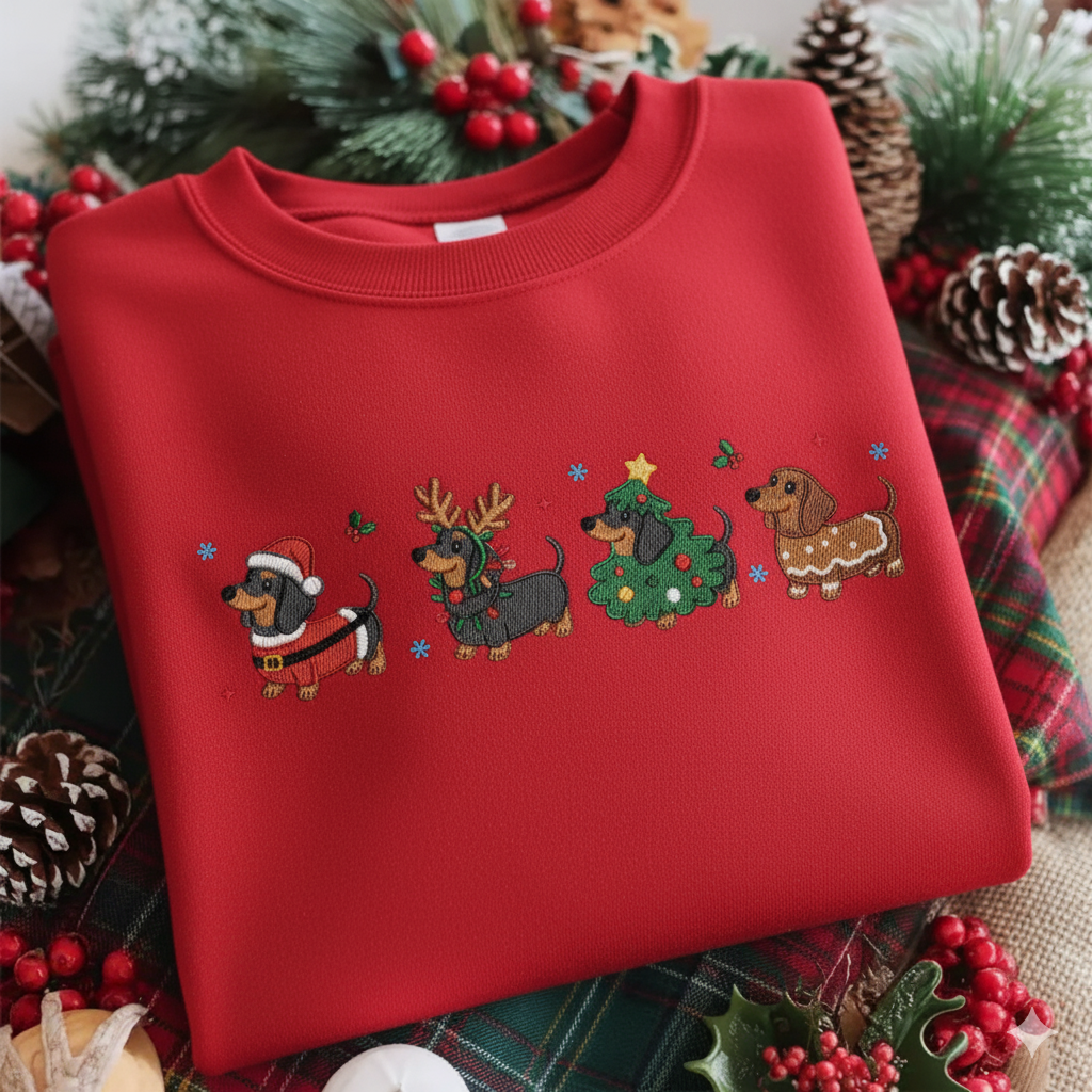 Dachshund Christmas Embroidered Sweatshirt, Funny Dog Embroidered Christmas Shirt, Custom Christmas Family Shirt, Gift For Mom