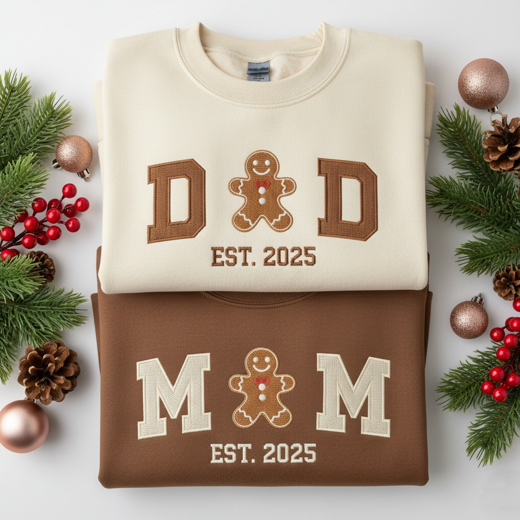 Custom Mom Dad Embroidered Sweatshirt, Gingerbread Couple Embroidered Sweatshirt, Christmas Gift For Husband, New Mom Dad Shirt