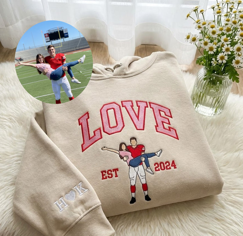Custom Couple Portrait Embroidered Sweatshirt, Custom Text Embroidered Sweatshirt, 1 St Anniversary Love Sweatshirt, Boy Friend Valentine Gift