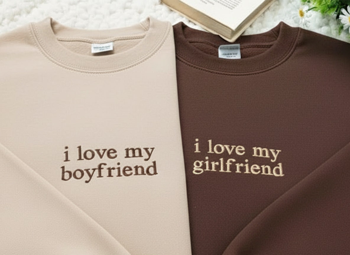 Personalized I love my boyfriend girlfriend Shirt, Custom Embroidered Couple Matching Hoodie,  Valentines Day Anniversary Gift for Her Him