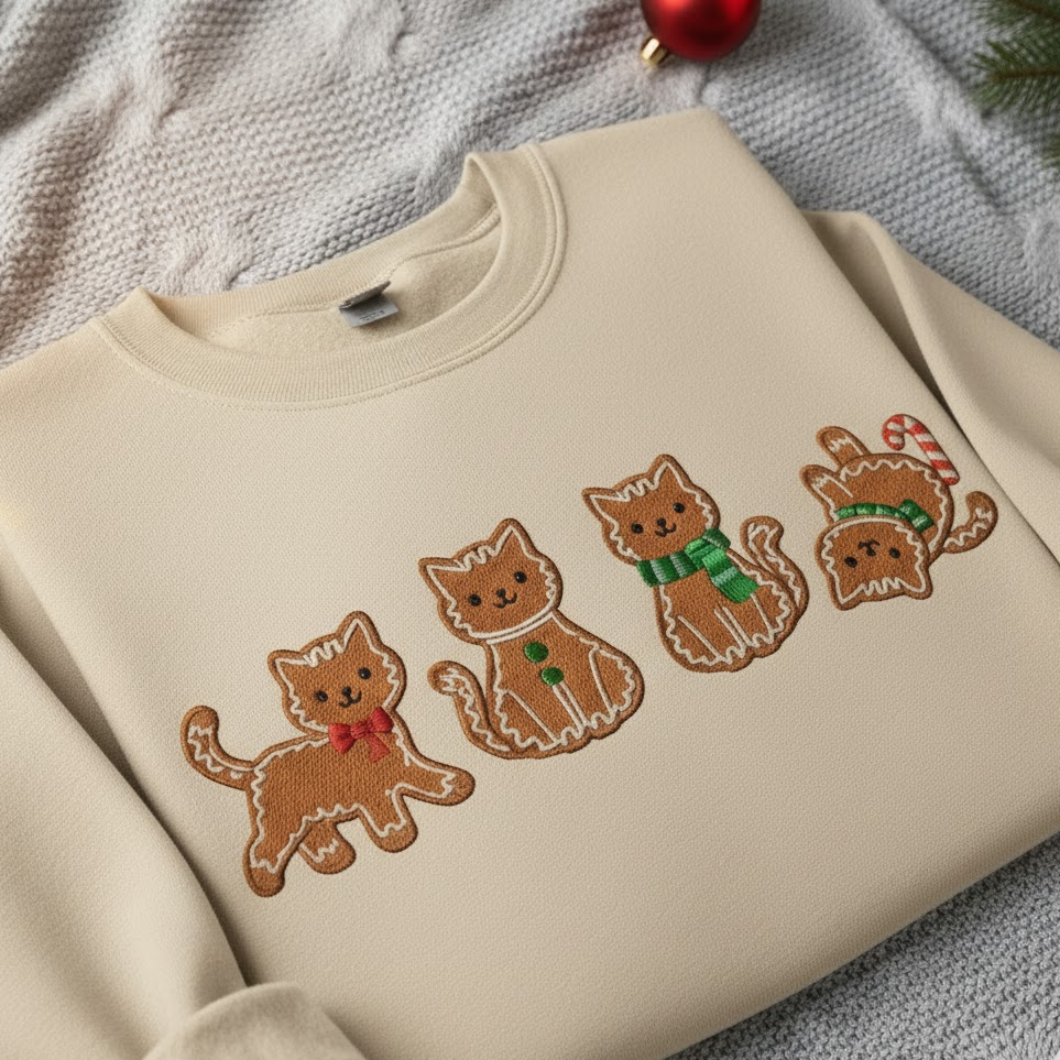 Gingerbread Cat Embroidered Sweatshirt, Christmas Cat Lover Crewneck, Christmas Embroidered Kitten Holiday Hoodie, Cat Mom Shirt, Cozy Holiday Cat Mom Sweater