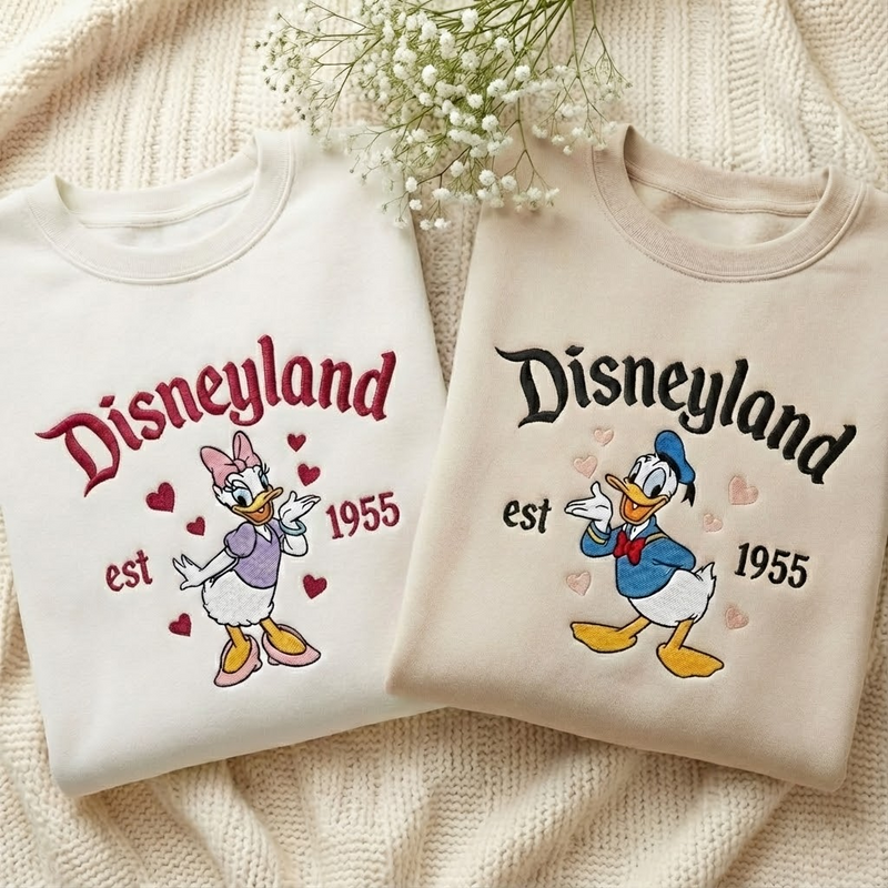 Personalization Matching Couple Embroidered Sweatshirt, Cartoon Duck Couple Embroidered Sweater, Cute Duck Couple Shirt, Valentine Gift