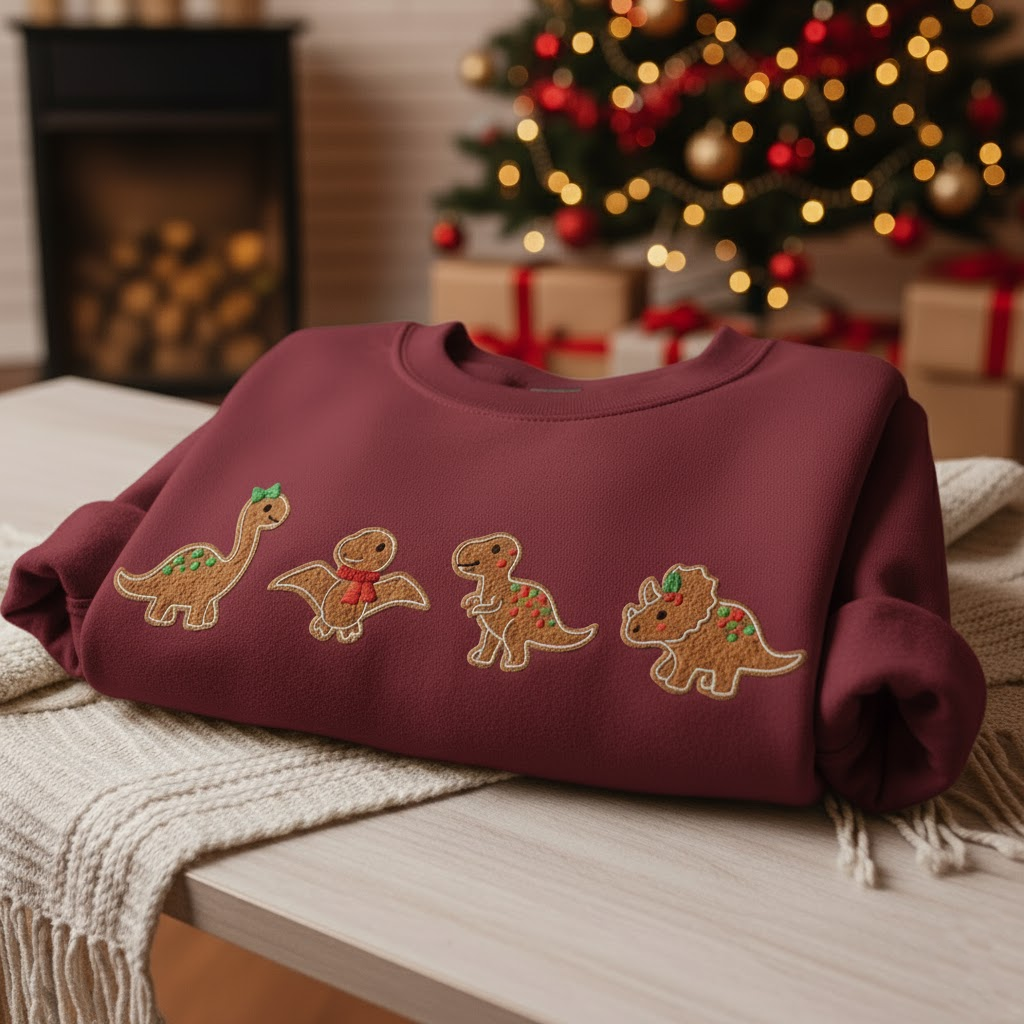 Christmas Dinosaur Embroidered Sweatshirt, Cute Gingerbread Dino Crewneck, Gingerbread Cute Dino Embroidered Hoodie, Holiday Embroidery Gift for Kids & Adults