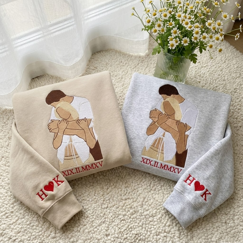 Custom Couple Portrait Embroidered Sweatshirt, Custom Roman Numberal Embroidered Sweatshirt, 1 St Anniversary Love Sweatshirt, Boy Friend Valentine Gift