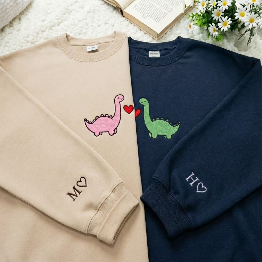 Custom Dinosaur Couple Embroidered Hoodie with Roman Date & Initials - Matching Hoodies For Couple - 1st Anniversary Gift for Couples