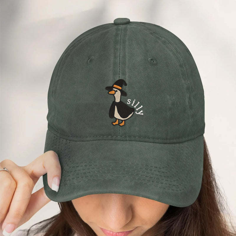 Embroidered Silly Goose Embroidered Washed Hat, Pumpkin Embroidered Cap, Halloween Vintage Embroidery Cap, Spooky Season Outdoors Gifts
