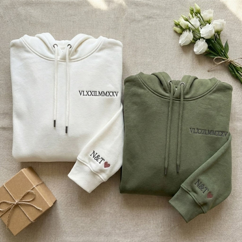 Embroidered Roman Numeral Matching Hoodie, Custom Initials With Heart Sleeve Jumper, Boyfriend Gift, Custom Valentine Date Couple Hoodies