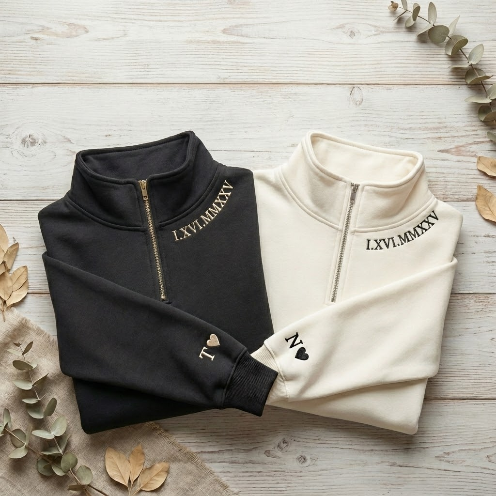 Custom Roman Numeral Zip 1/4, Couple Quarter Zip Initial On Sleeve, Anniversary Year, Personalized Date Shirt, Valentine's Day Sweatshirt