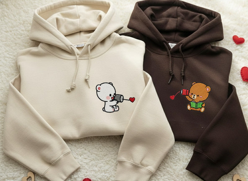 Custom Embroidered Hoodies For Couples, Cute Loving Bears Couples Embroidered Hoodie, Anniversary Valentine Gift